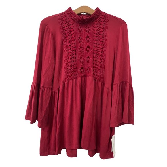 John Paul Richard Lace Trim Peasant Top Womens M Pomegranate Rayon Blend NEW - Picture 2 of 9
